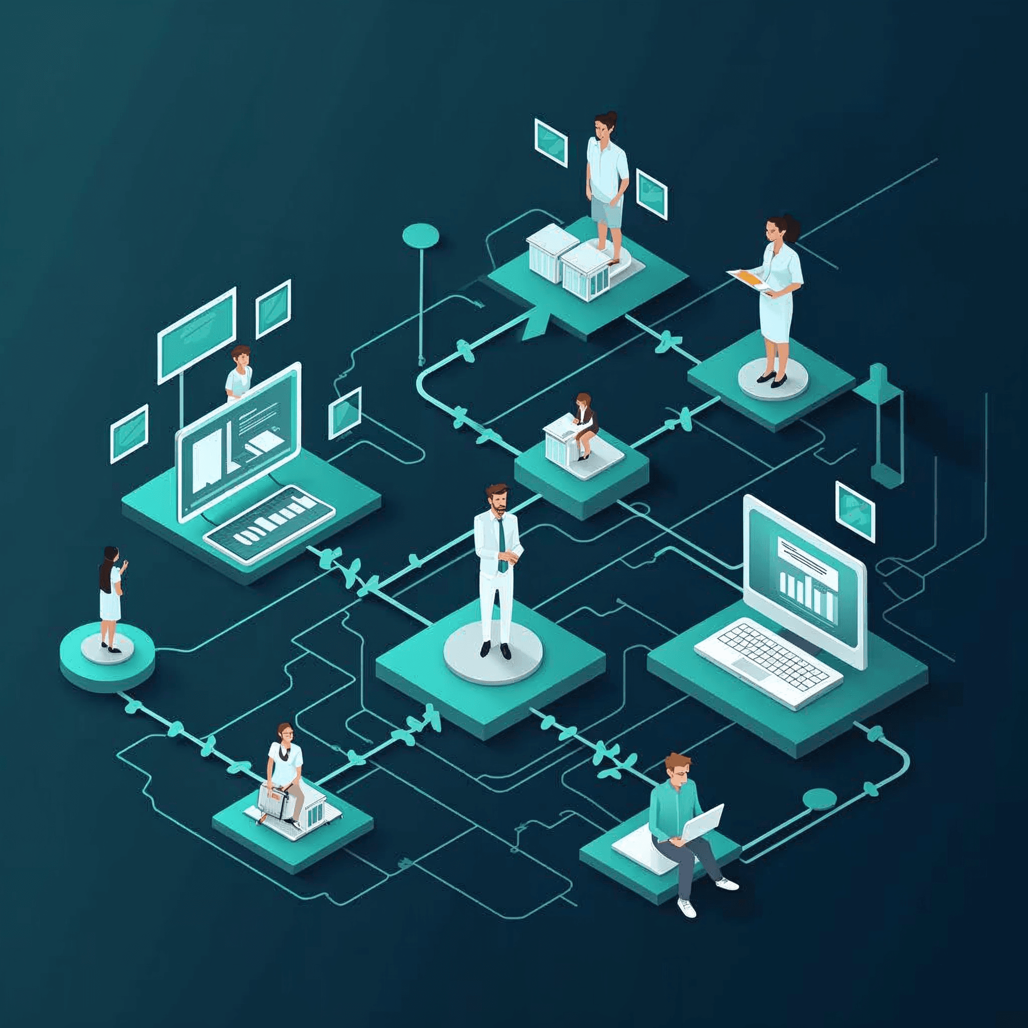 Abstract illustration of teams and workflows connecting into an organized AI-ready system