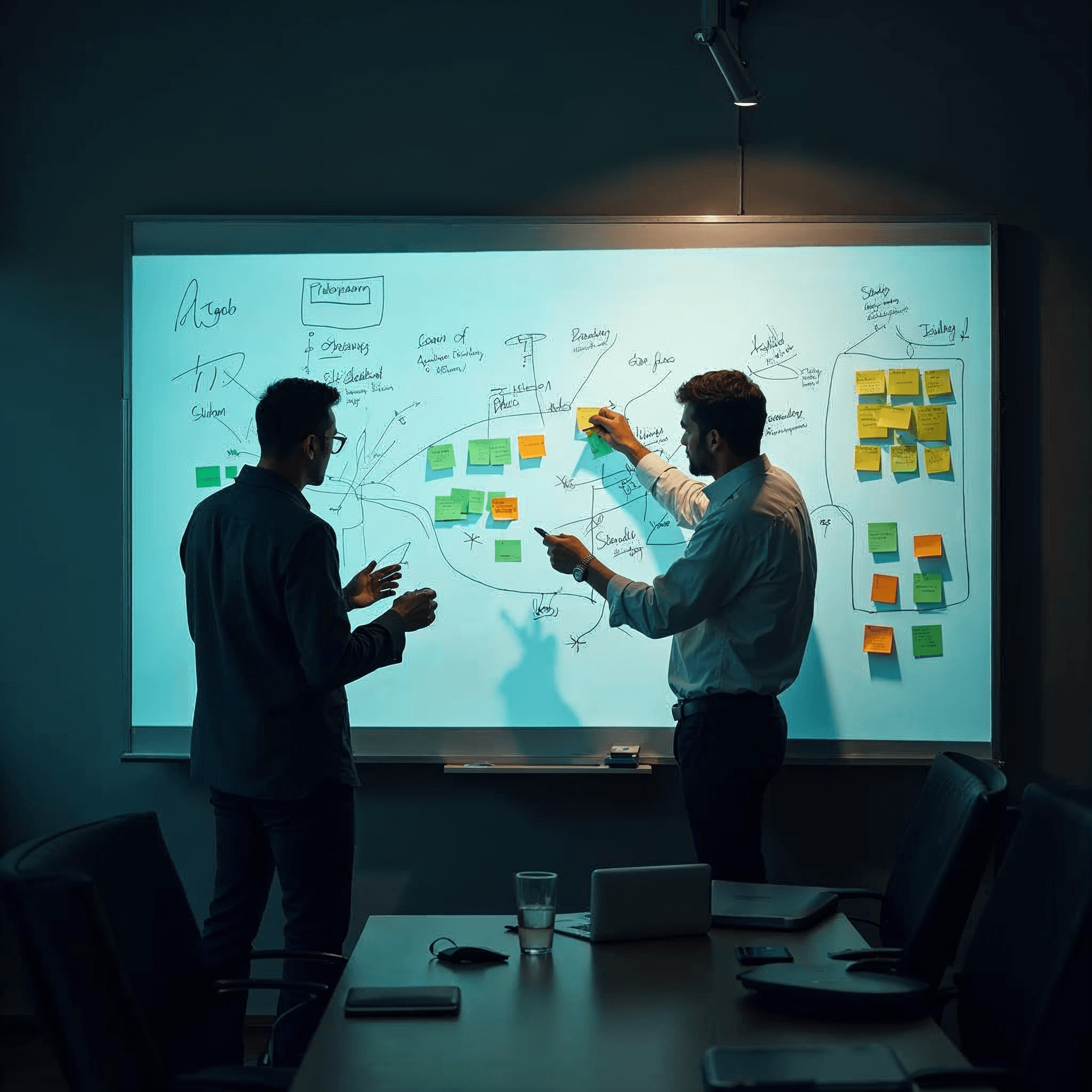 Strategy workshop with diagrams and collaboration in a professional studio setting