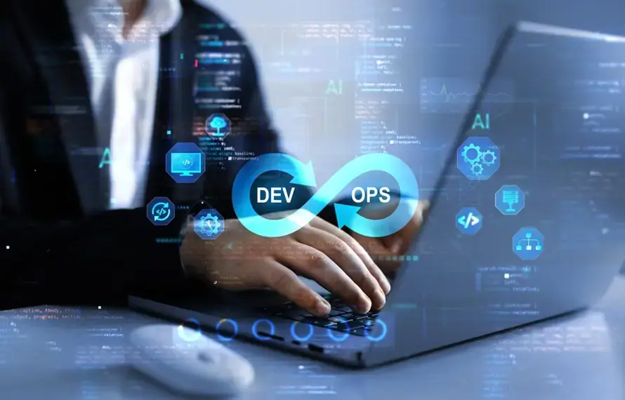 DevOps pipeline diagram with build, test, deploy, monitor stages