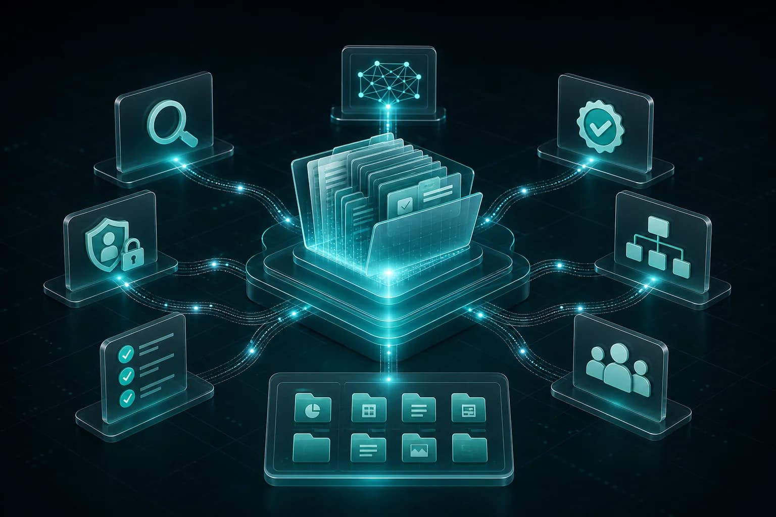 AI knowledge base connecting verified enterprise information, semantic search, and secure team access